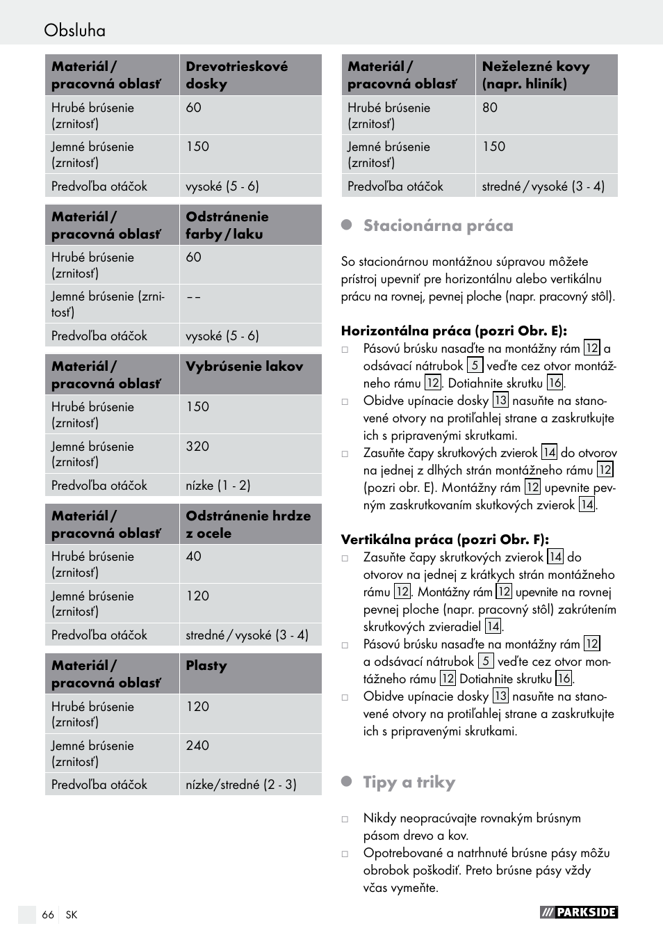 Obsluha, Stacionárna práca, Tipy a triky | Parkside PBS 900 A1 User Manual | Page 66 / 79