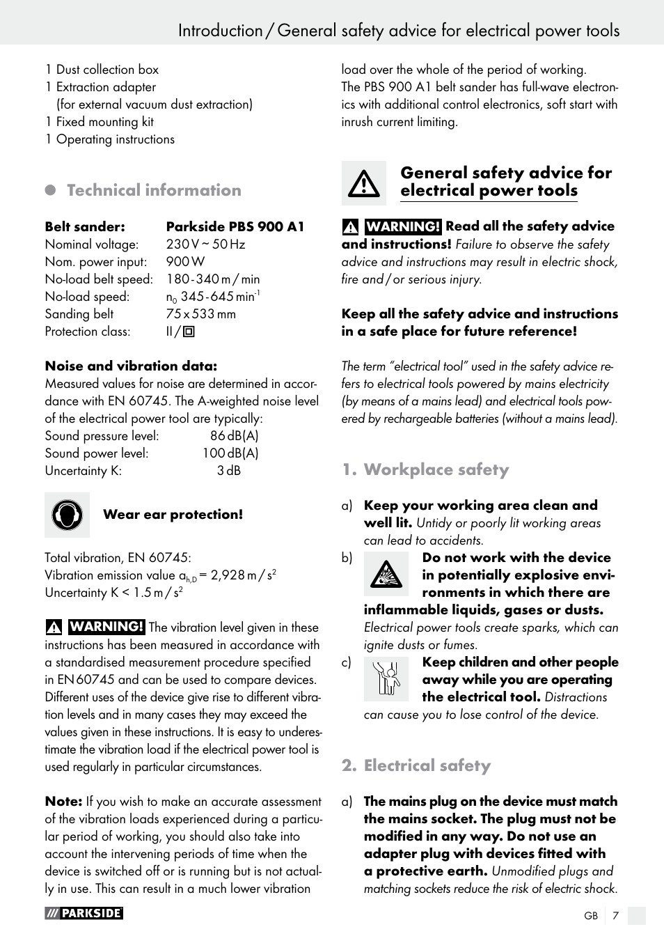 Technical information, General safety advice for electrical power tools, Workplace safety | Electrical safety | Parkside PBS 900 A1 User Manual | Page 7 / 79