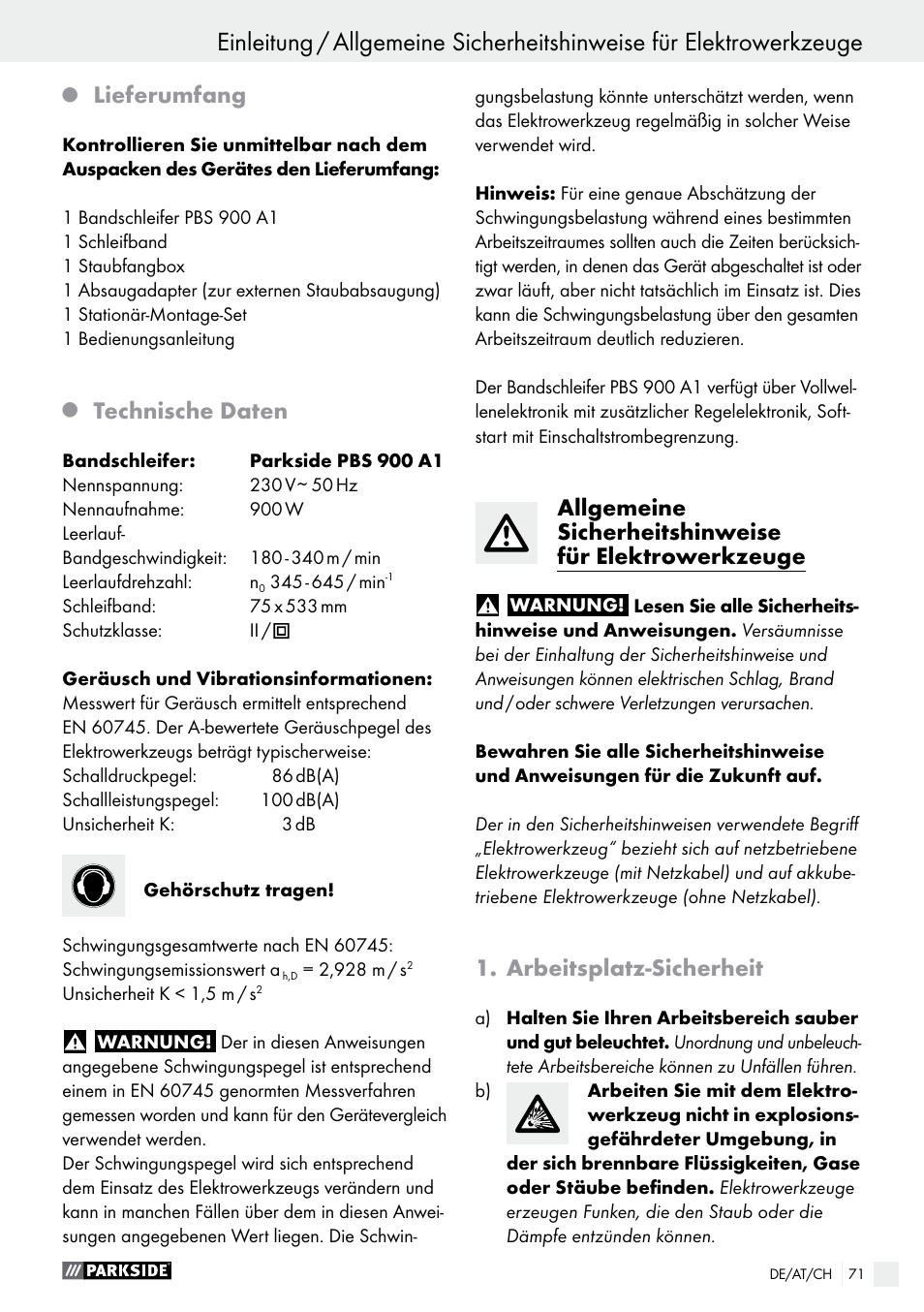 Lieferumfang, Technische daten, Arbeitsplatz-sicherheit | Parkside PBS 900 A1 User Manual | Page 71 / 79