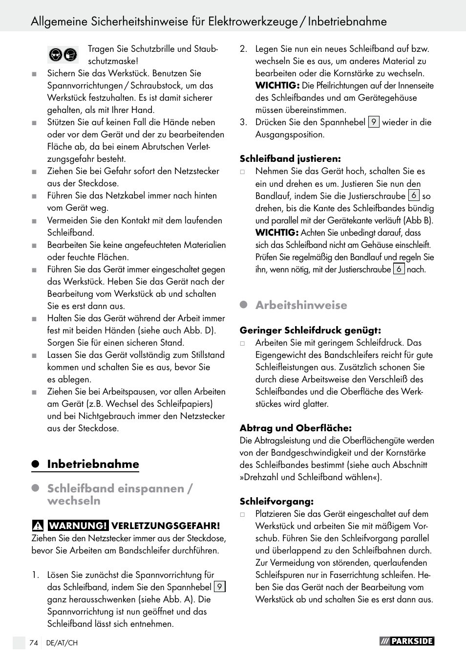 Inbetriebnahme, Schleifband einspannen / wechseln, Arbeitshinweise | Parkside PBS 900 A1 User Manual | Page 74 / 79