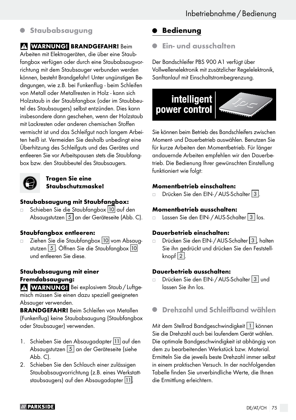 Inbetriebnahme / bedienung, Staubabsaugung, Bedienung | Ein- und ausschalten, Drehzahl und schleifband wählen | Parkside PBS 900 A1 User Manual | Page 75 / 79