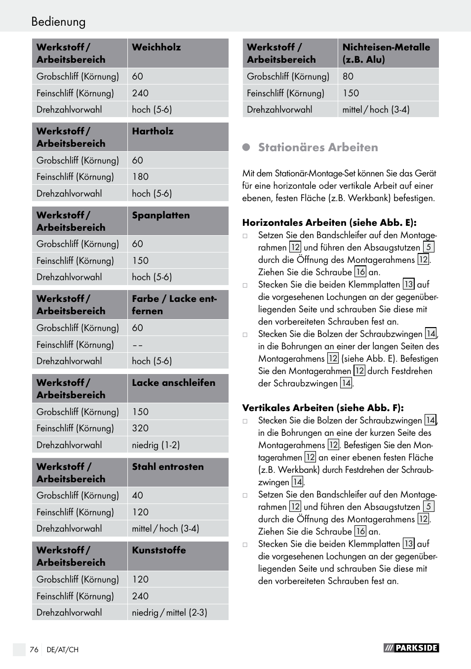 Bedienung, Stationäres arbeiten | Parkside PBS 900 A1 User Manual | Page 76 / 79