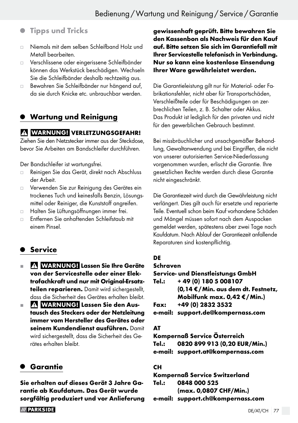 Tipps und tricks, Wartung und reinigung, Service | Garantie | Parkside PBS 900 A1 User Manual | Page 77 / 79