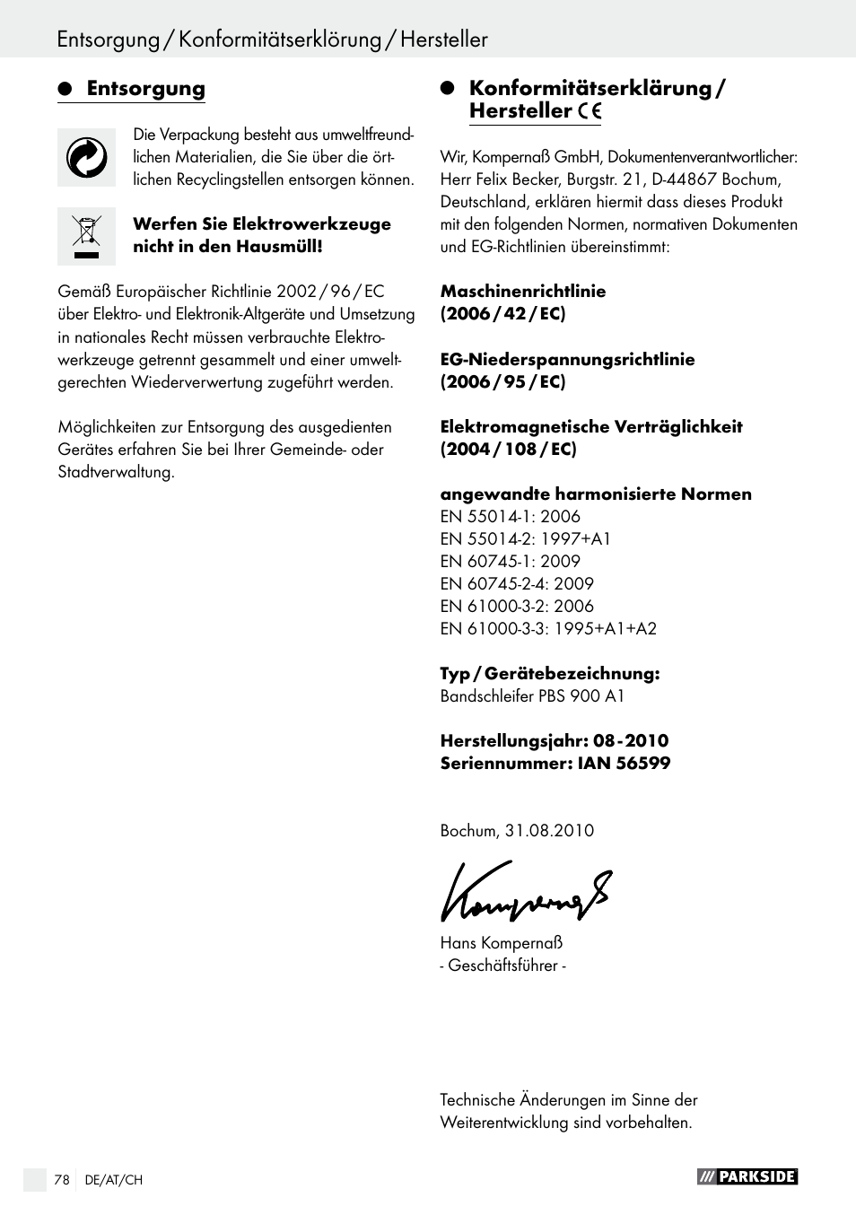 Entsorgung / konformitätserklörung / hersteller, Entsorgung, Konformitätserklärung / hersteller | Parkside PBS 900 A1 User Manual | Page 78 / 79