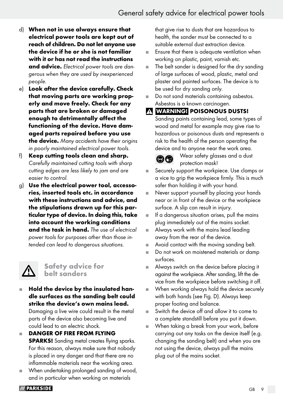 General safety advice for electrical power tools, Safety advice for belt sanders | Parkside PBS 900 A1 User Manual | Page 9 / 79