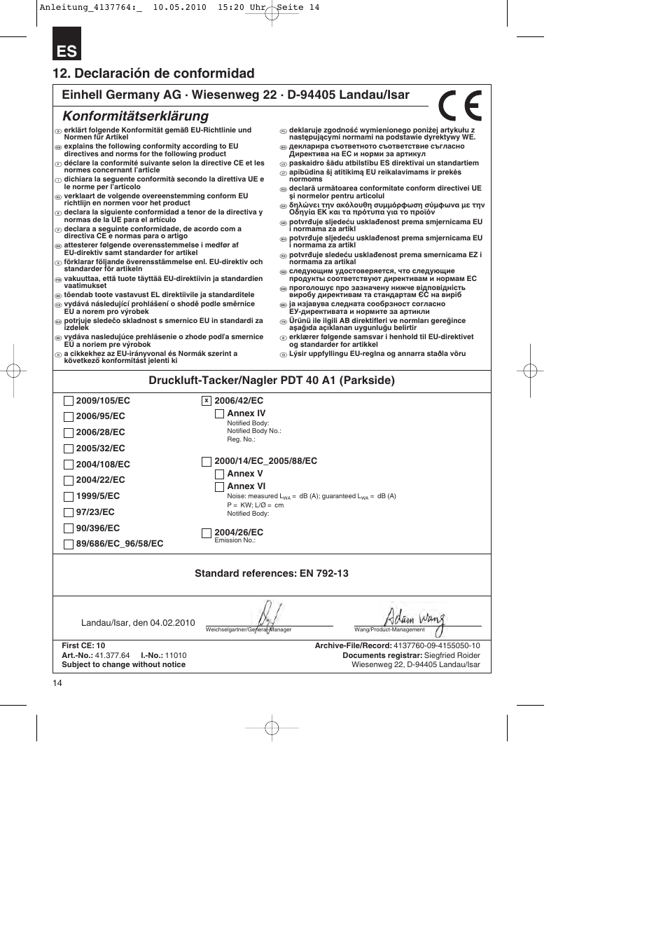 Declaración de conformidad, Konformitätserklärung, Druckluft-tacker/nagler pdt 40 a1 (parkside) | Parkside PDT 40 A1 User Manual | Page 14 / 56