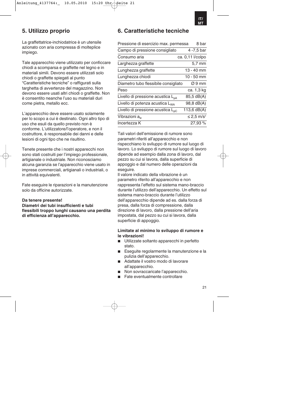 Utilizzo proprio, Caratteristiche tecniche | Parkside PDT 40 A1 User Manual | Page 21 / 56