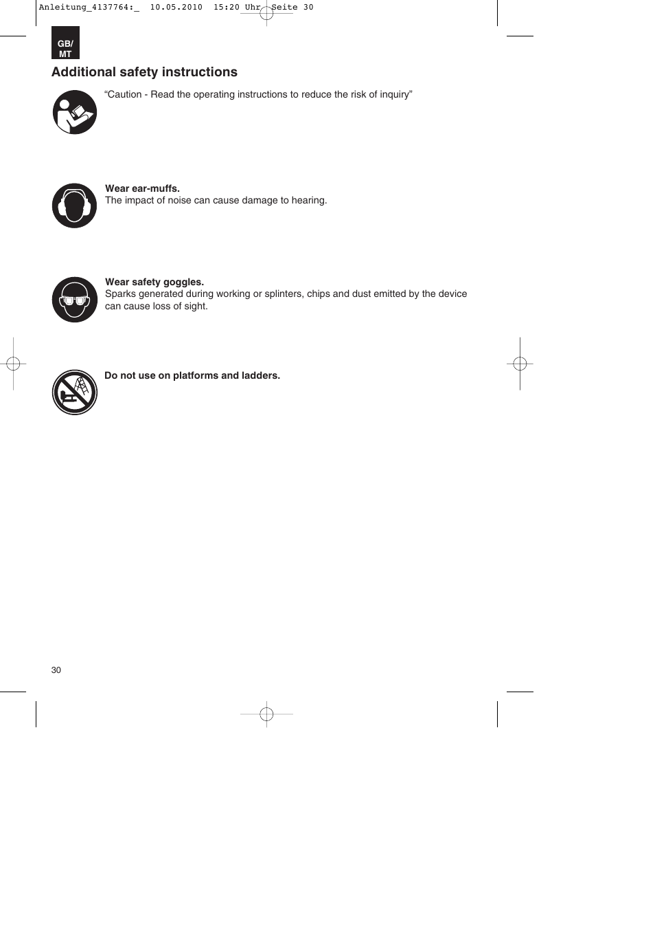 Additional safety instructions | Parkside PDT 40 A1 User Manual | Page 30 / 56