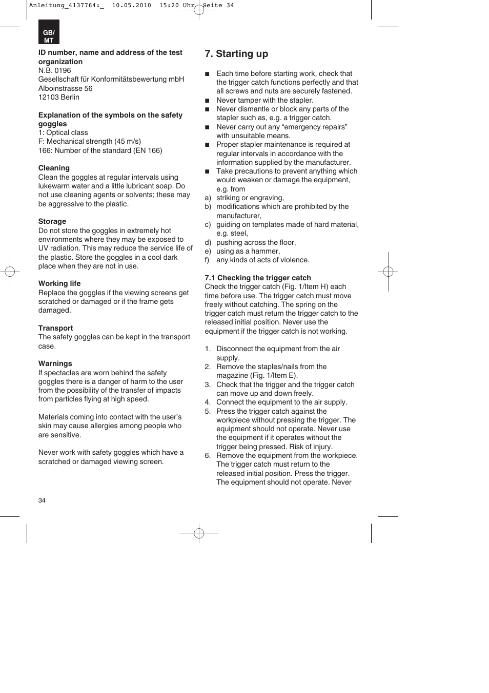 Starting up | Parkside PDT 40 A1 User Manual | Page 34 / 56