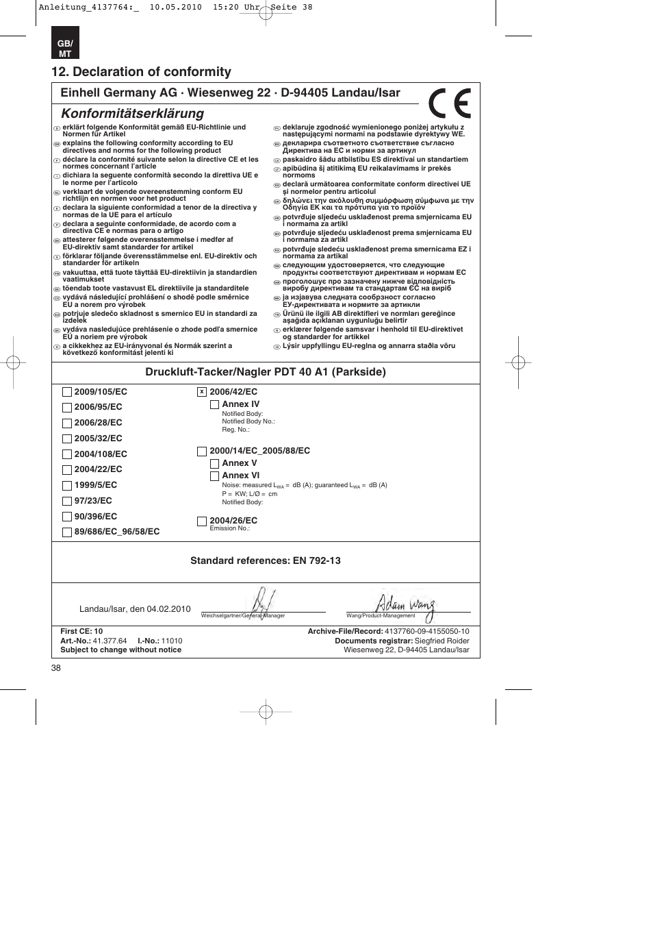 Declaration of conformity, Konformitätserklärung, Druckluft-tacker/nagler pdt 40 a1 (parkside) | Parkside PDT 40 A1 User Manual | Page 38 / 56