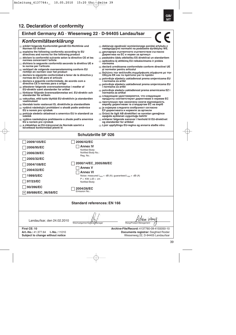 Declaration of conformity, Konformitätserklärung, Schutzbrille sf 026 | Parkside PDT 40 A1 User Manual | Page 39 / 56