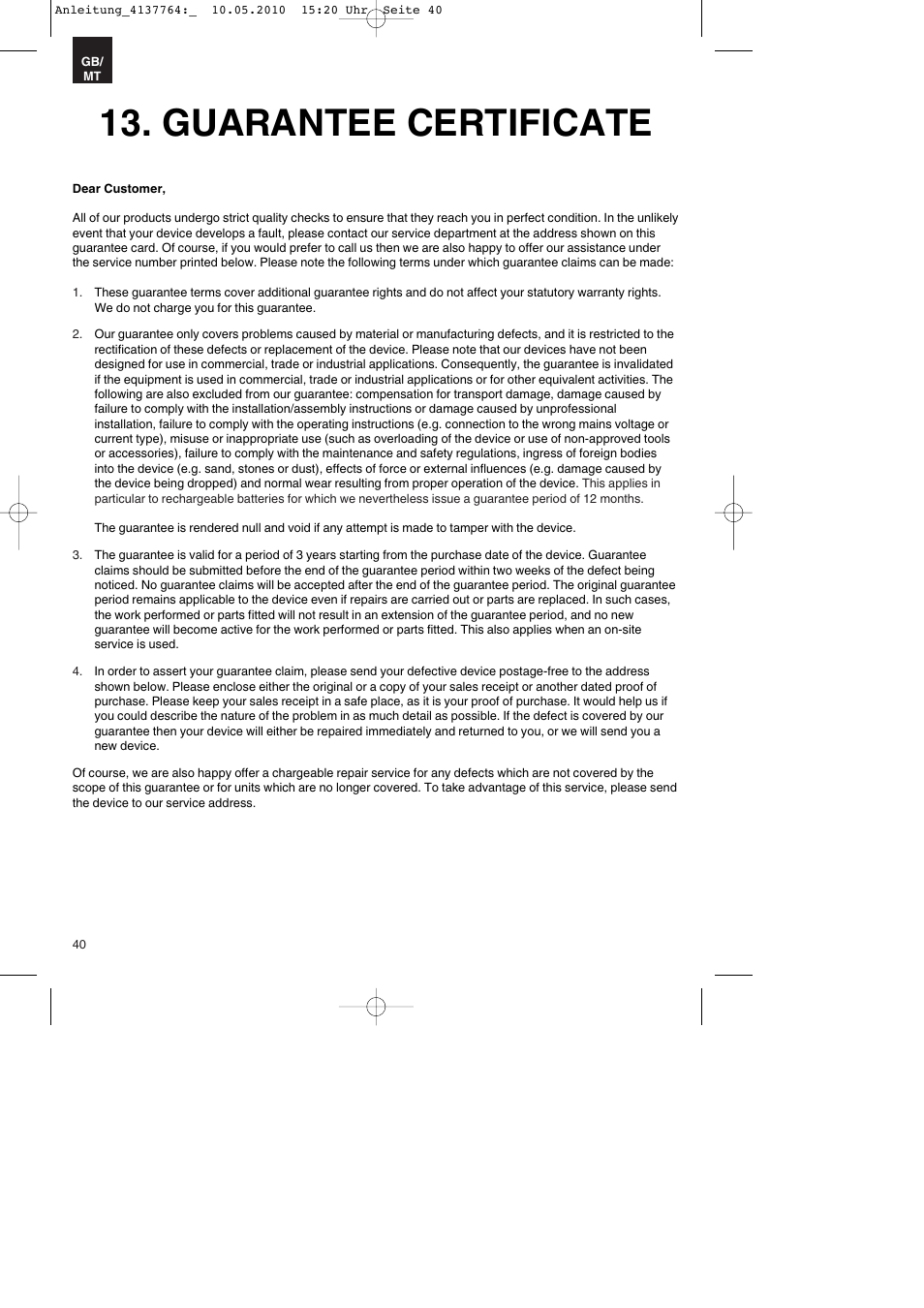 Guarantee certificate | Parkside PDT 40 A1 User Manual | Page 40 / 56