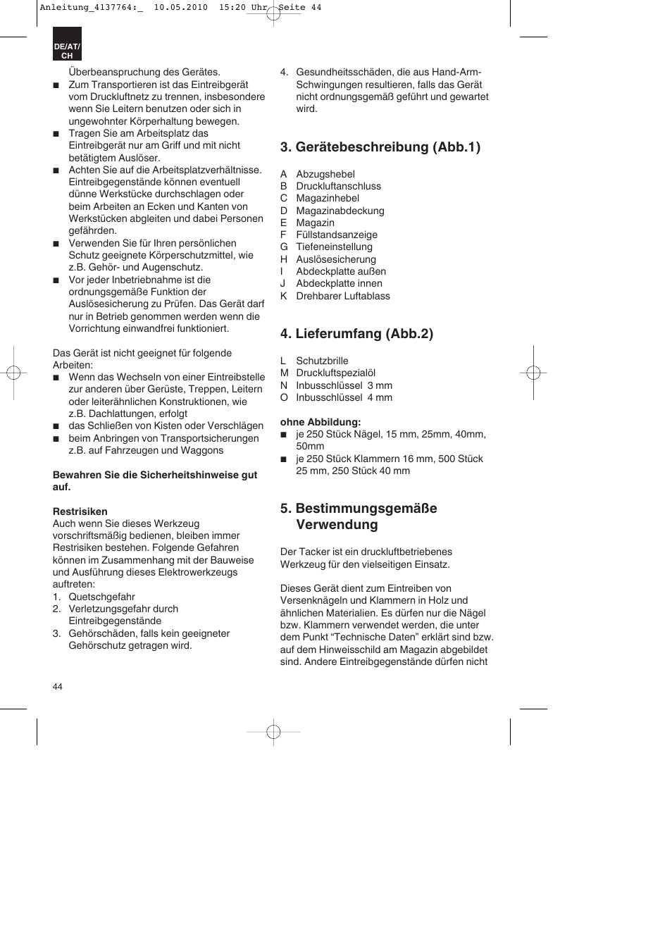 Gerätebeschreibung (abb.1), Lieferumfang (abb.2), Bestimmungsgemäße verwendung | Parkside PDT 40 A1 User Manual | Page 44 / 56