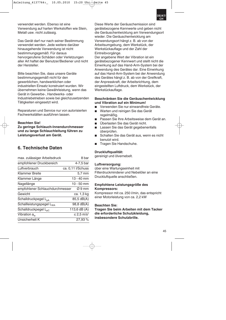 Technische daten | Parkside PDT 40 A1 User Manual | Page 45 / 56