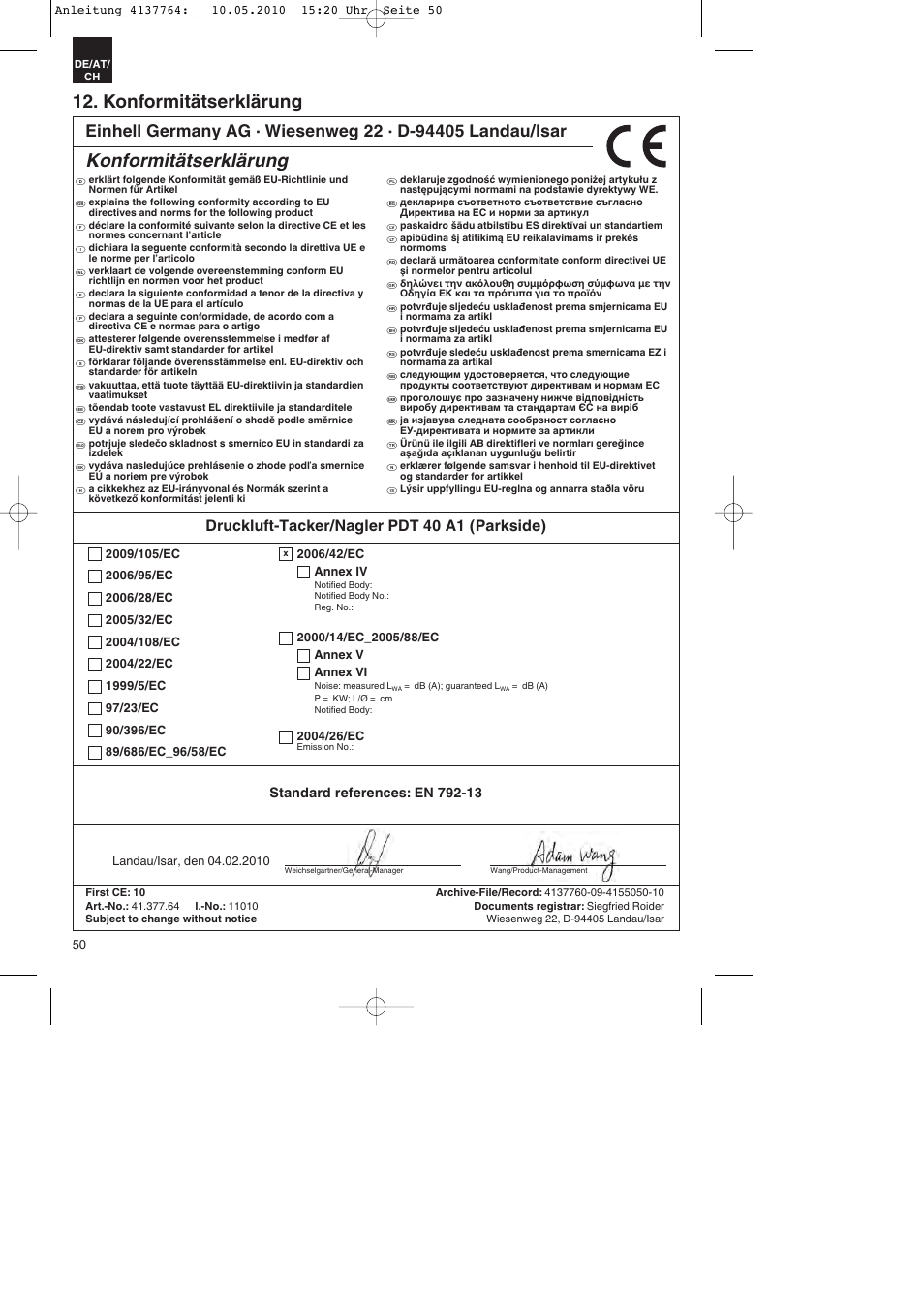 Konformitätserklärung, Druckluft-tacker/nagler pdt 40 a1 (parkside) | Parkside PDT 40 A1 User Manual | Page 50 / 56