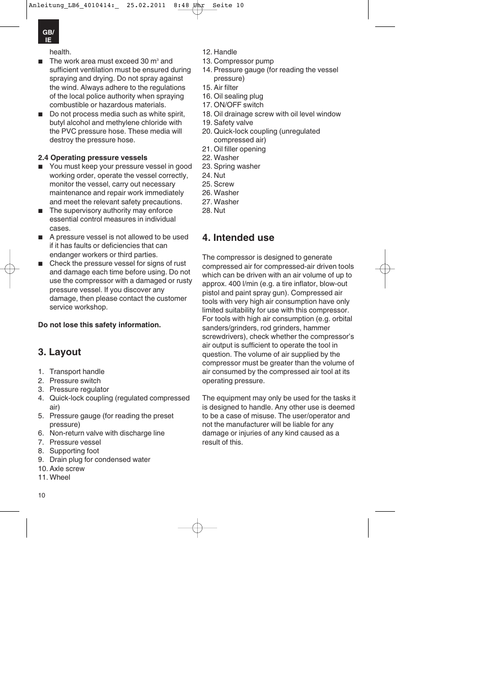 Layout, Intended use | Parkside PKO 400 A1 User Manual | Page 10 / 20