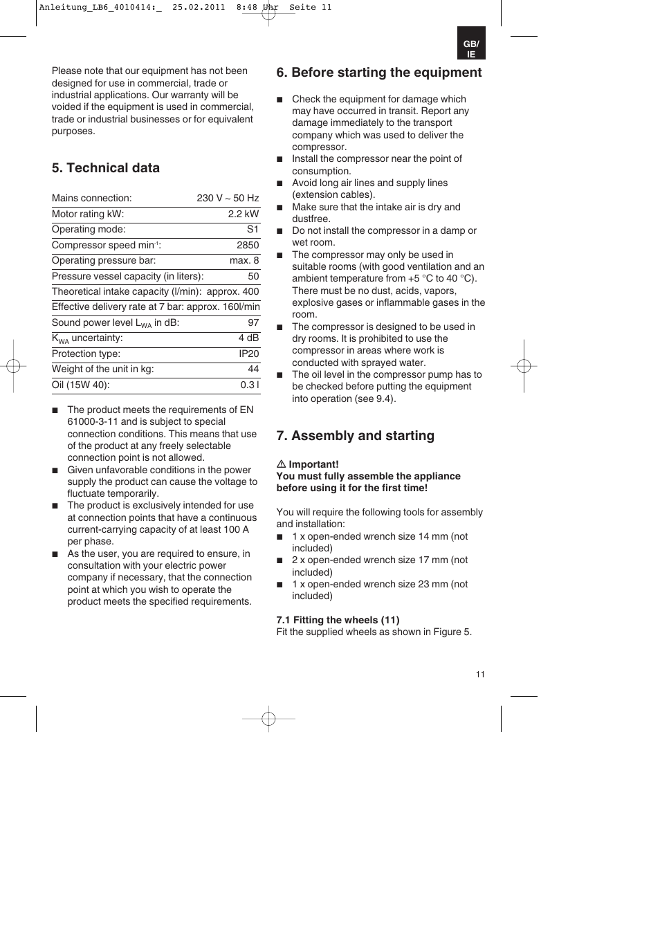 Technical data, Before starting the equipment, Assembly and starting | Parkside PKO 400 A1 User Manual | Page 11 / 20