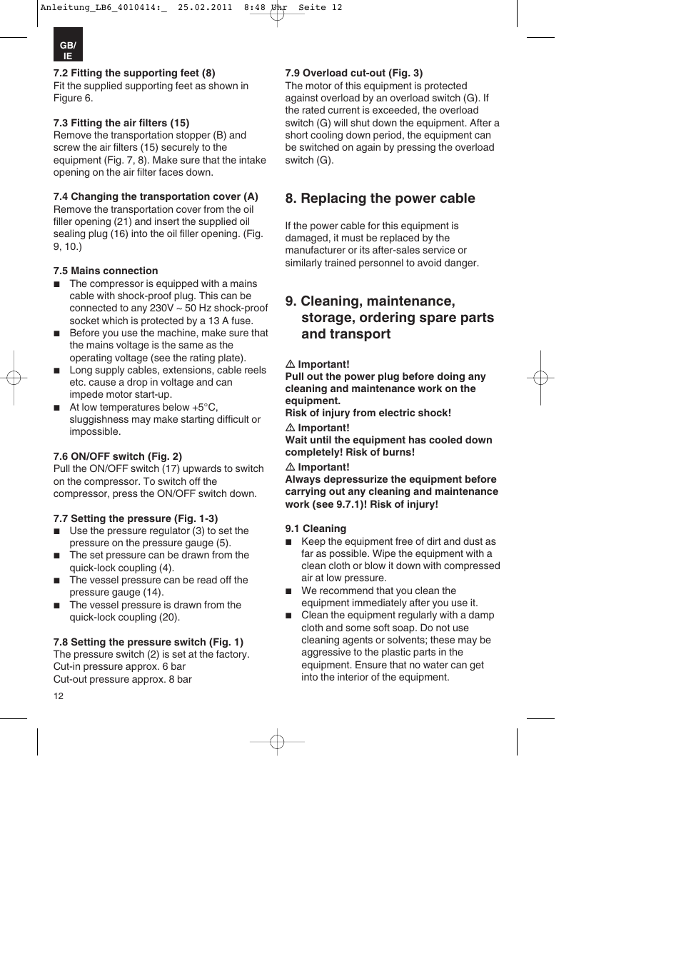 Replacing the power cable | Parkside PKO 400 A1 User Manual | Page 12 / 20