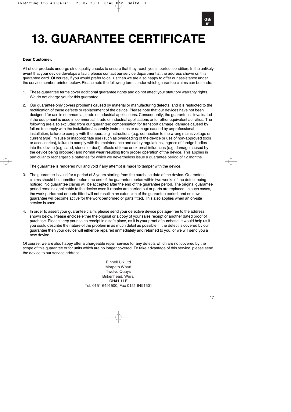 Guarantee certificate | Parkside PKO 400 A1 User Manual | Page 17 / 20