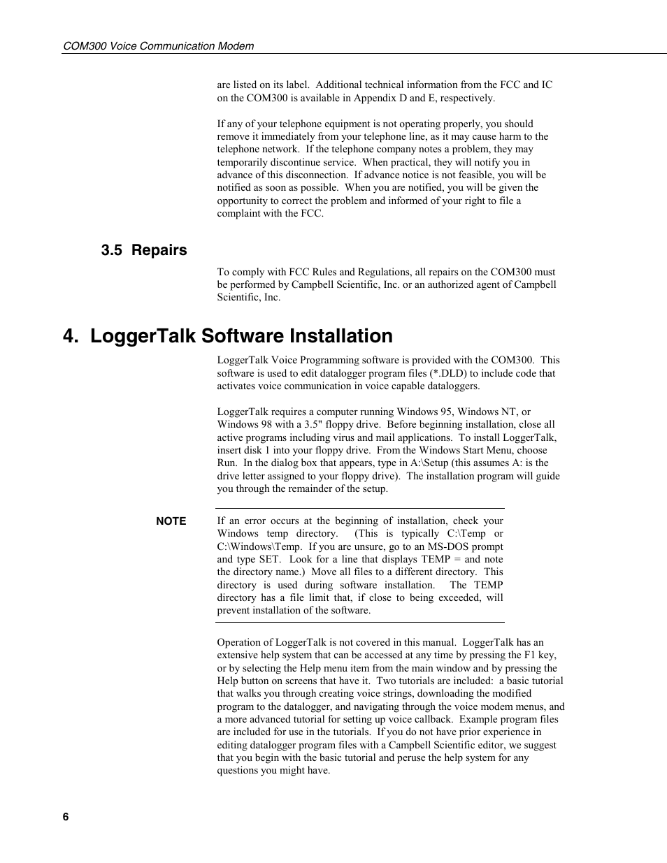 5 repairs, Loggertalk software installation | Campbell Scientific COM300 Voice Communication Modem User Manual | Page 10 / 40