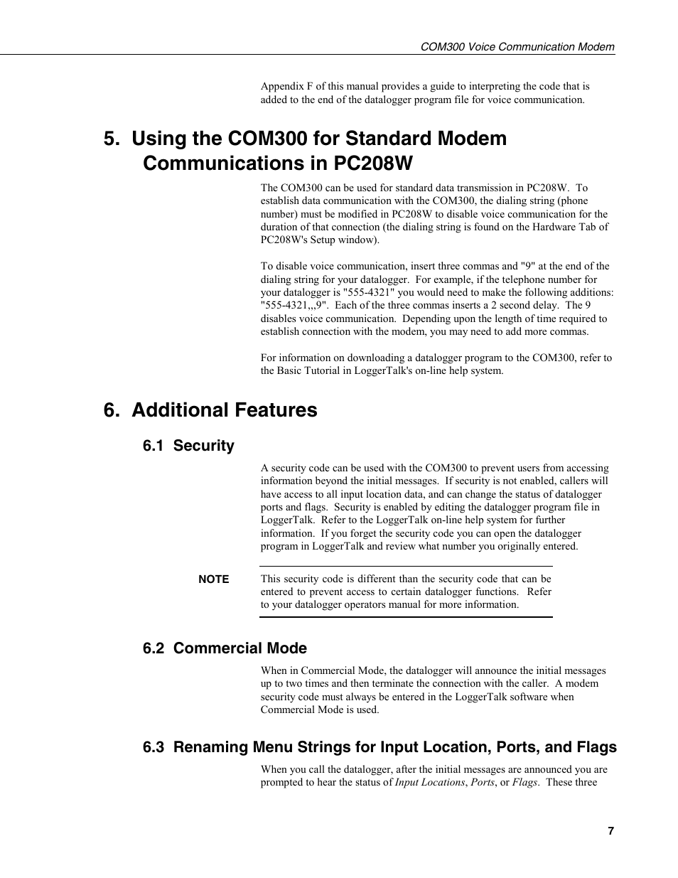 Additional features, 1 security, 2 commercial mode | Campbell Scientific COM300 Voice Communication Modem User Manual | Page 11 / 40