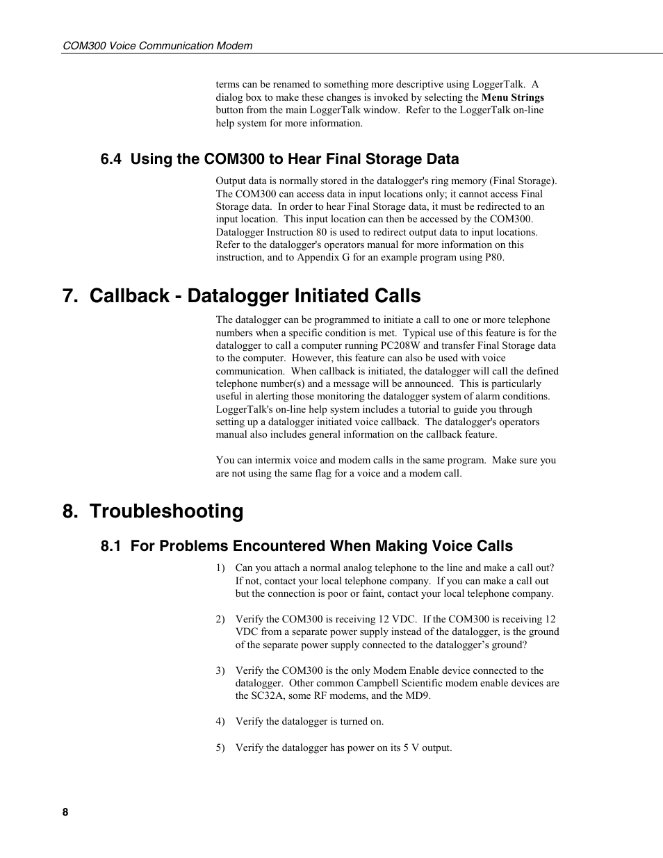 4 using the com300 to hear final storage data, Callback - datalogger initiated calls, Troubleshooting | 1 for problems encountered when making voice calls | Campbell Scientific COM300 Voice Communication Modem User Manual | Page 12 / 40