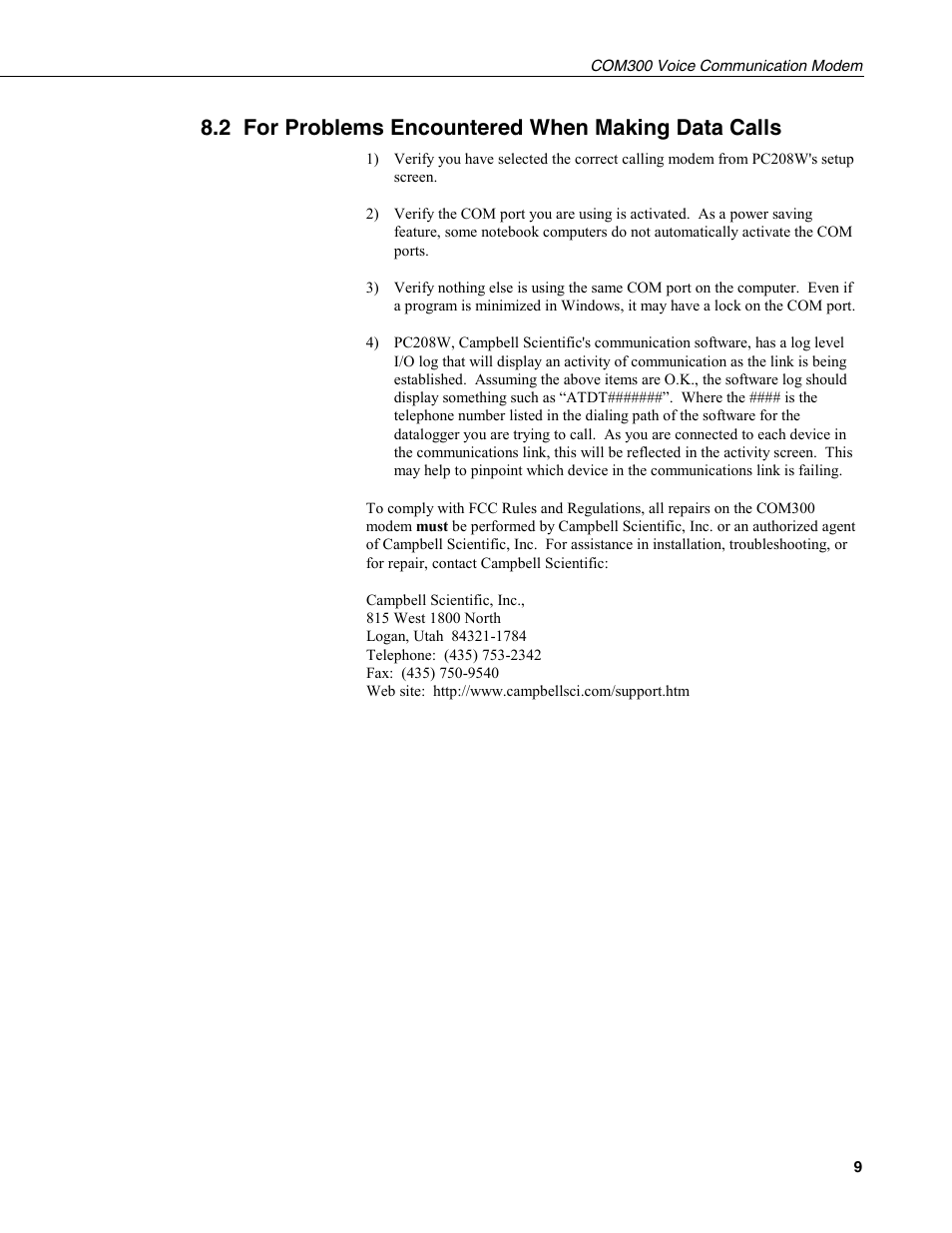 2 for problems encountered when making data calls | Campbell Scientific COM300 Voice Communication Modem User Manual | Page 13 / 40