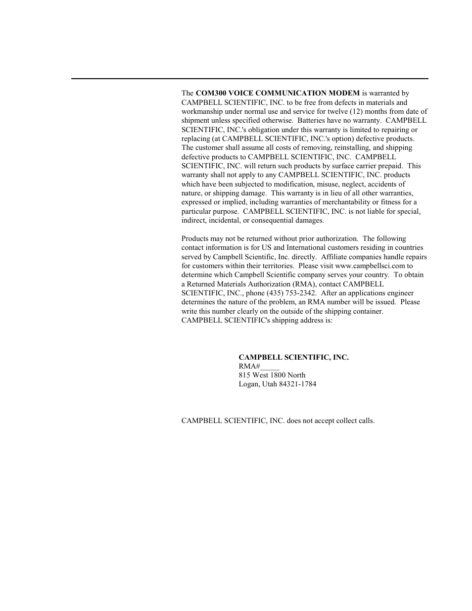 Warranty and assistance | Campbell Scientific COM300 Voice Communication Modem User Manual | Page 2 / 40