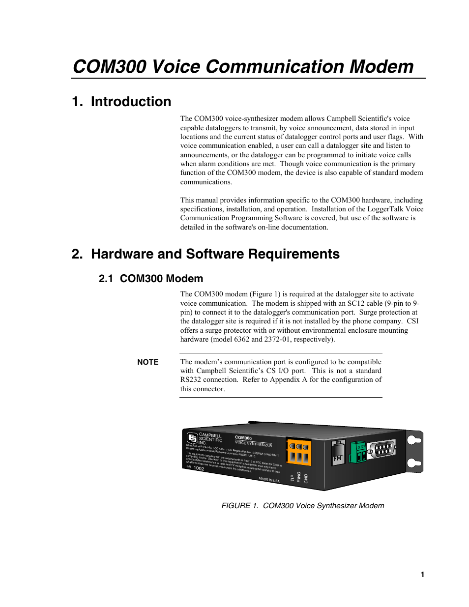 Com300 voice communication modem, Introduction, Hardware and software requirements | 1 com300 modem | Campbell Scientific COM300 Voice Communication Modem User Manual | Page 5 / 40
