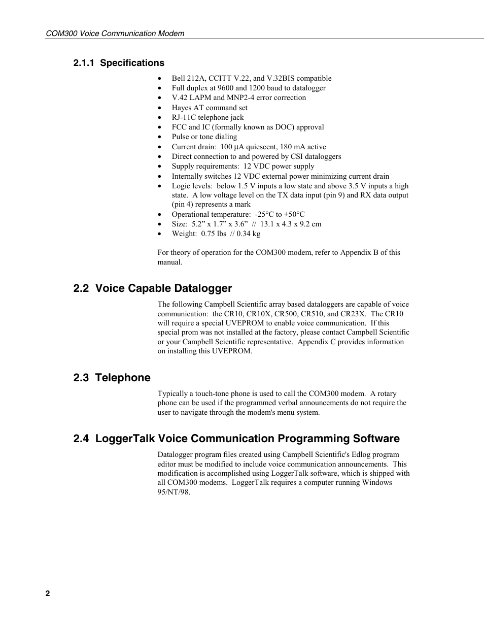 1 specifications, 2 voice capable datalogger, 3 telephone | Campbell Scientific COM300 Voice Communication Modem User Manual | Page 6 / 40