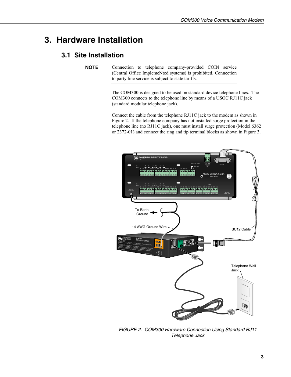 Hardware installation, 1 site installation, Com300 voice communication modem 3 | Campbell Scientific COM300 Voice Communication Modem User Manual | Page 7 / 40