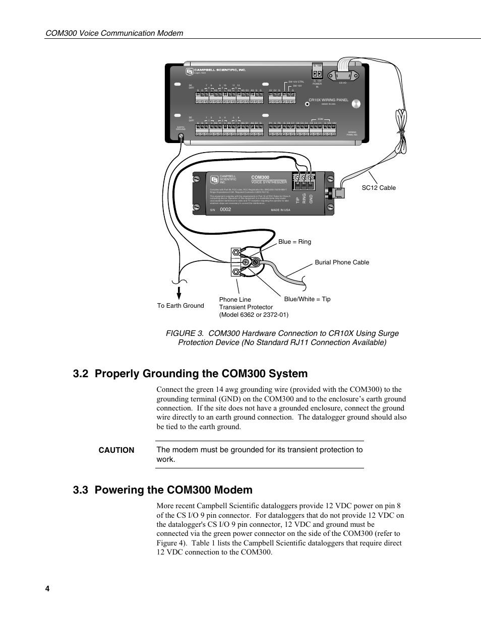 2 properly grounding the com300 system, 3 powering the com300 modem, Com300 voice communication modem 4 | Campbell Scientific COM300 Voice Communication Modem User Manual | Page 8 / 40