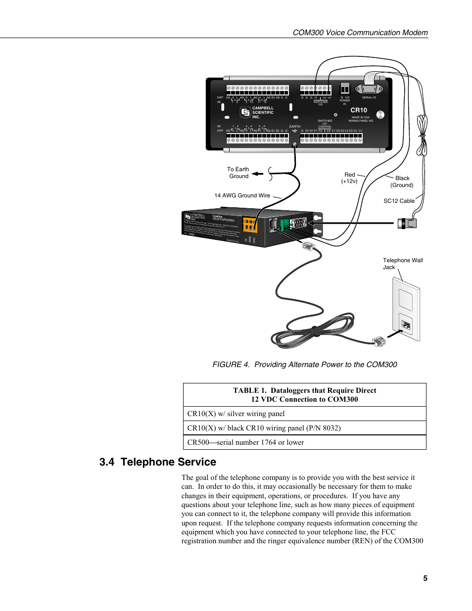 4 telephone service, Com300 voice communication modem 5, Cr10 | Campbell Scientific COM300 Voice Communication Modem User Manual | Page 9 / 40