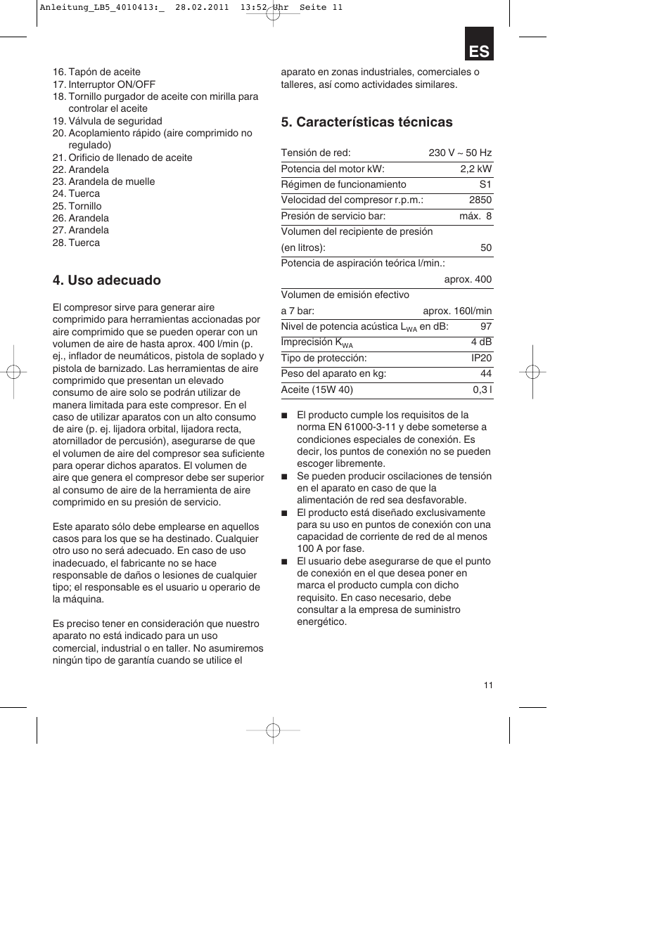 Uso adecuado, Características técnicas | Parkside PKO 400 A1 User Manual | Page 11 / 72