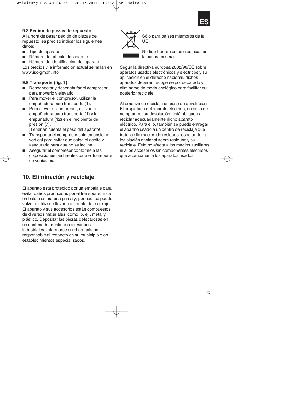 Eliminación y reciclaje | Parkside PKO 400 A1 User Manual | Page 15 / 72
