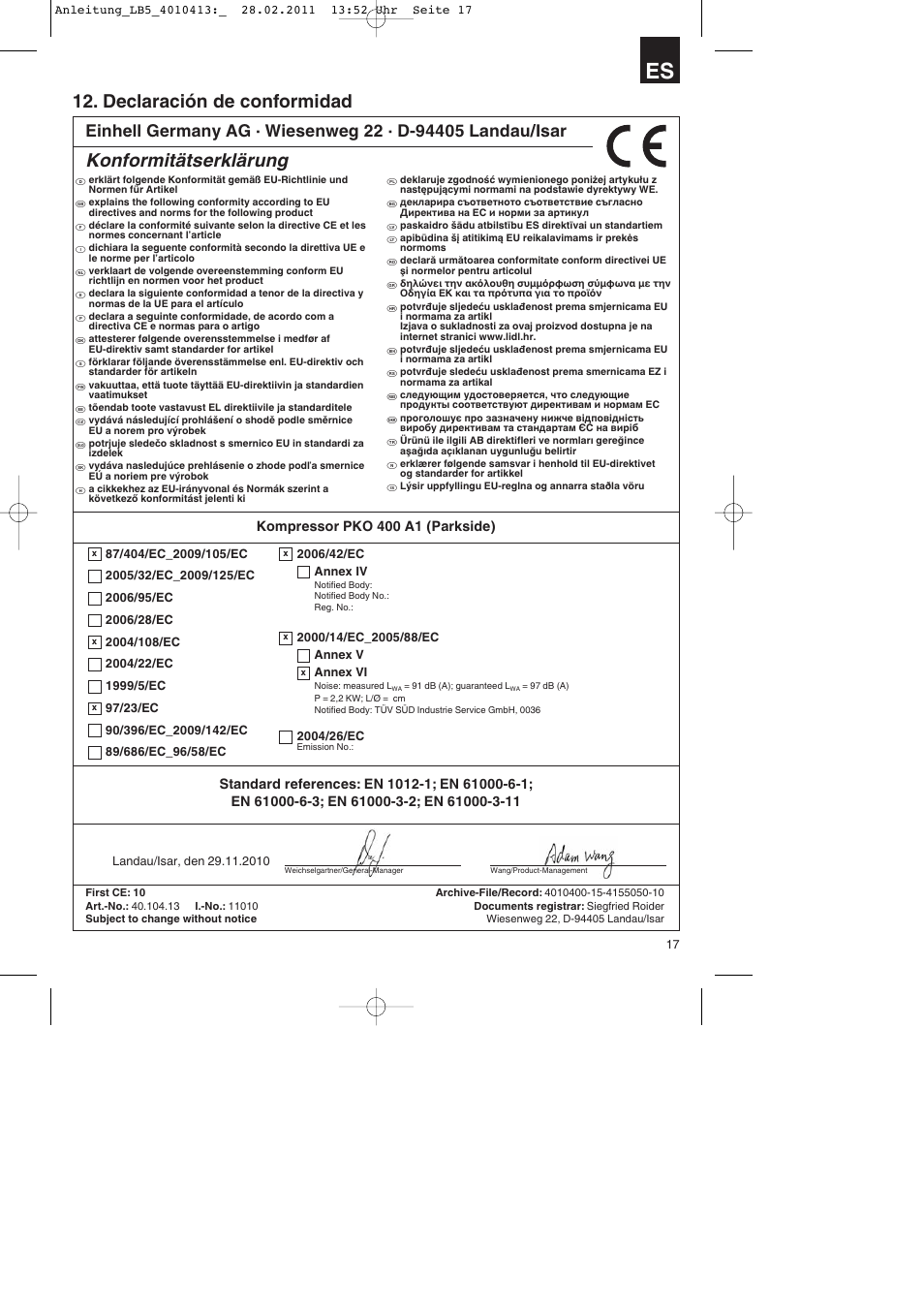 Declaración de conformidad, Konformitätserklärung | Parkside PKO 400 A1 User Manual | Page 17 / 72