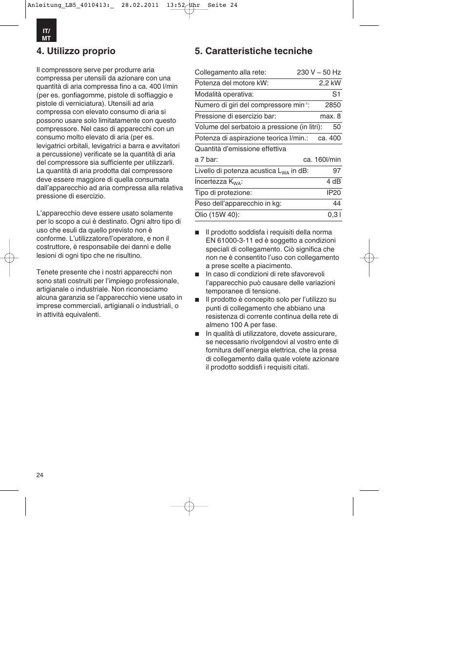 Utilizzo proprio, Caratteristiche tecniche | Parkside PKO 400 A1 User Manual | Page 24 / 72