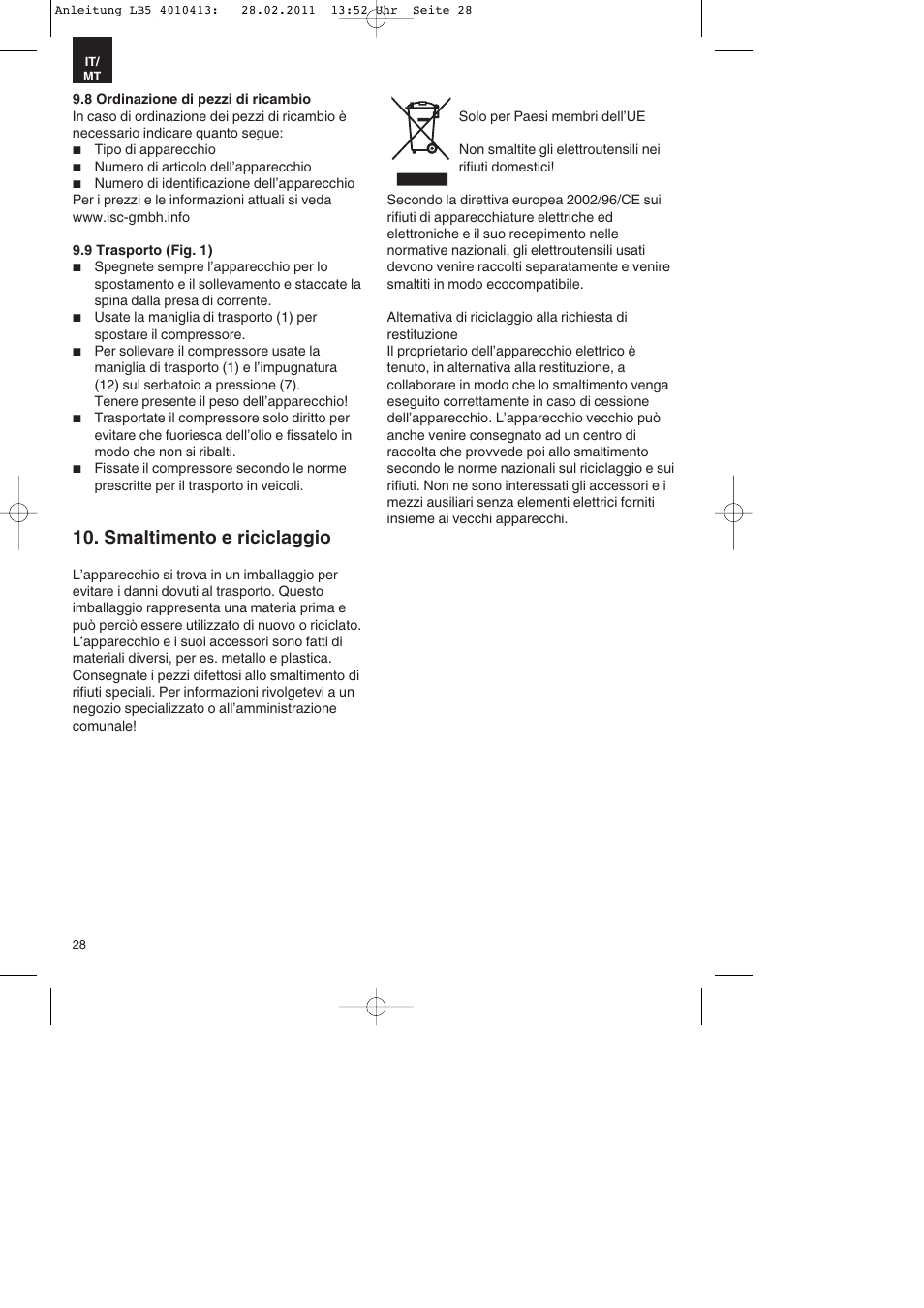 Smaltimento e riciclaggio | Parkside PKO 400 A1 User Manual | Page 28 / 72