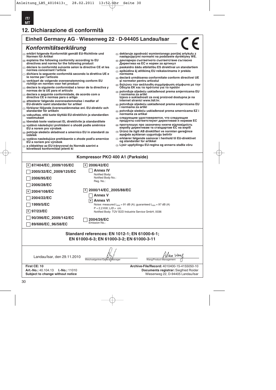 Dichiarazione di conformità, Konformitätserklärung | Parkside PKO 400 A1 User Manual | Page 30 / 72