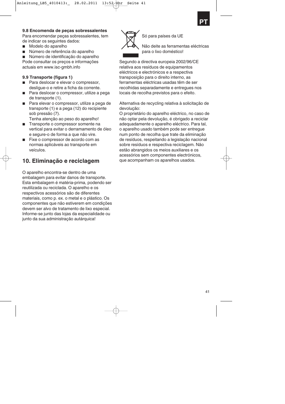 Eliminação e reciclagem | Parkside PKO 400 A1 User Manual | Page 41 / 72
