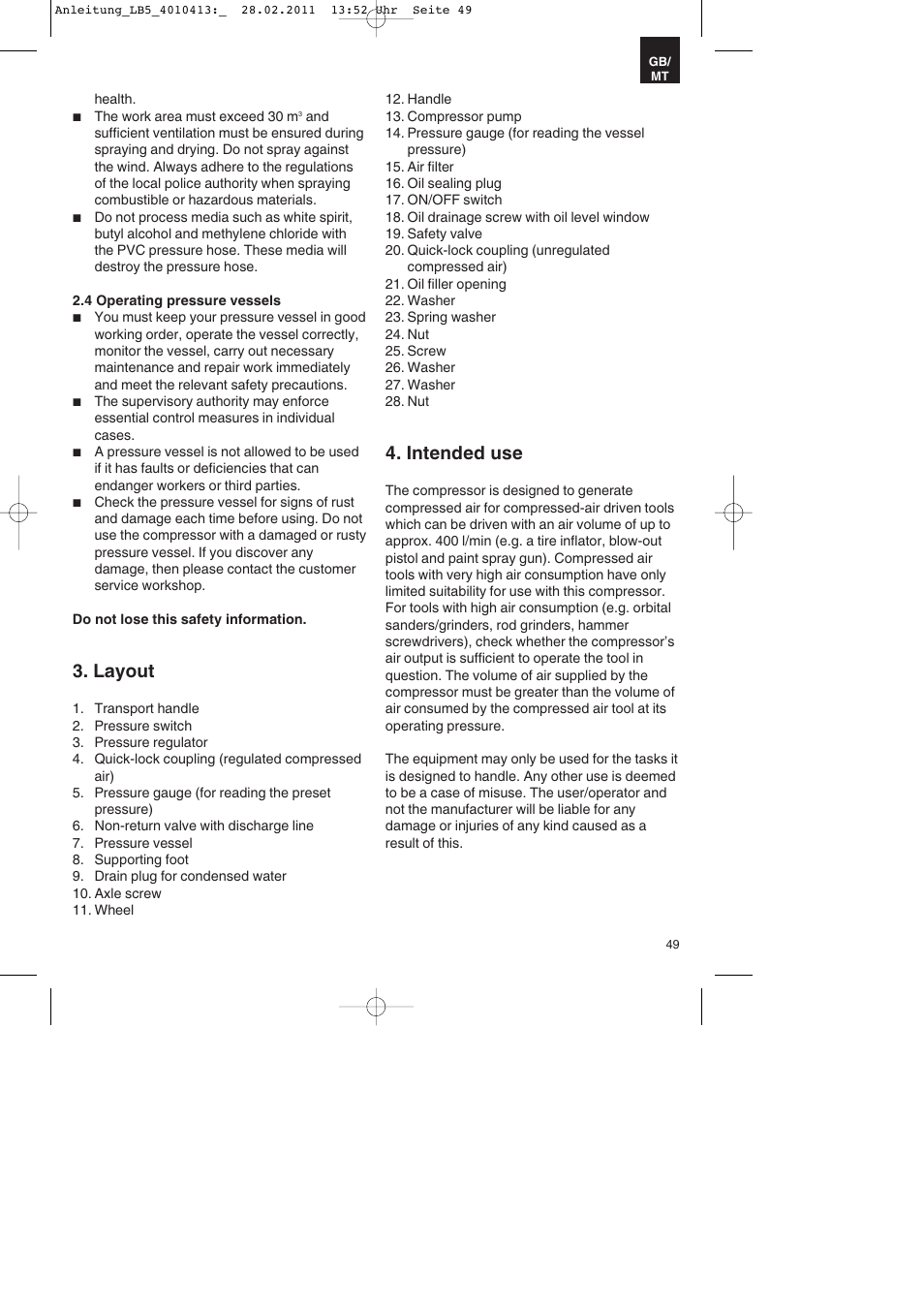 Layout, Intended use | Parkside PKO 400 A1 User Manual | Page 49 / 72