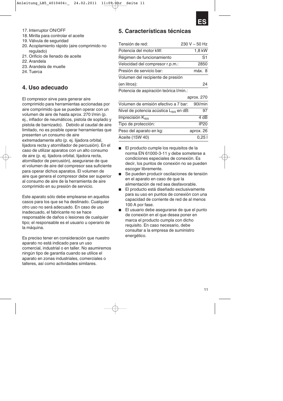 Uso adecuado, Características técnicas | Parkside PKO 270 B2 User Manual | Page 11 / 72