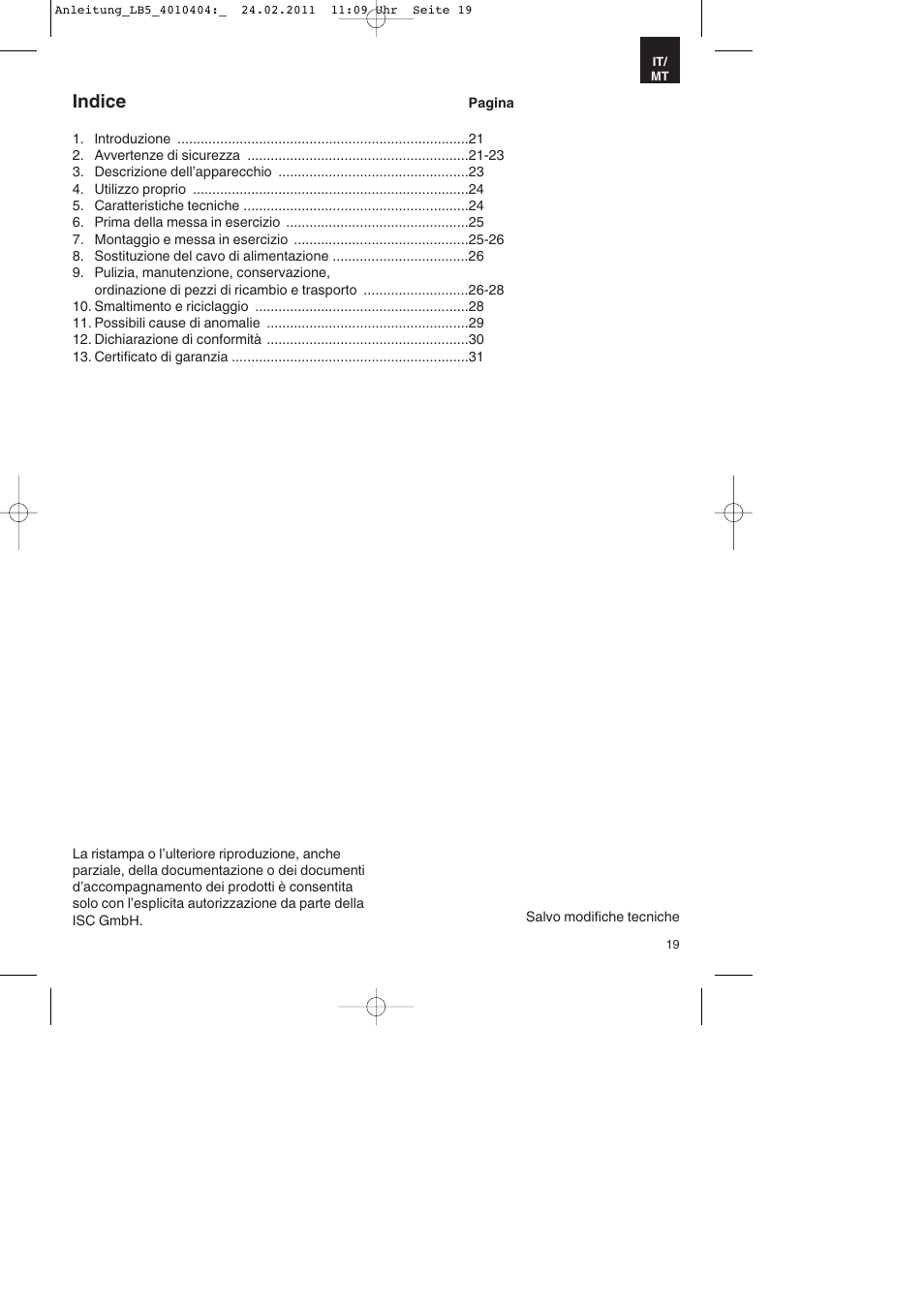 Indice | Parkside PKO 270 B2 User Manual | Page 19 / 72