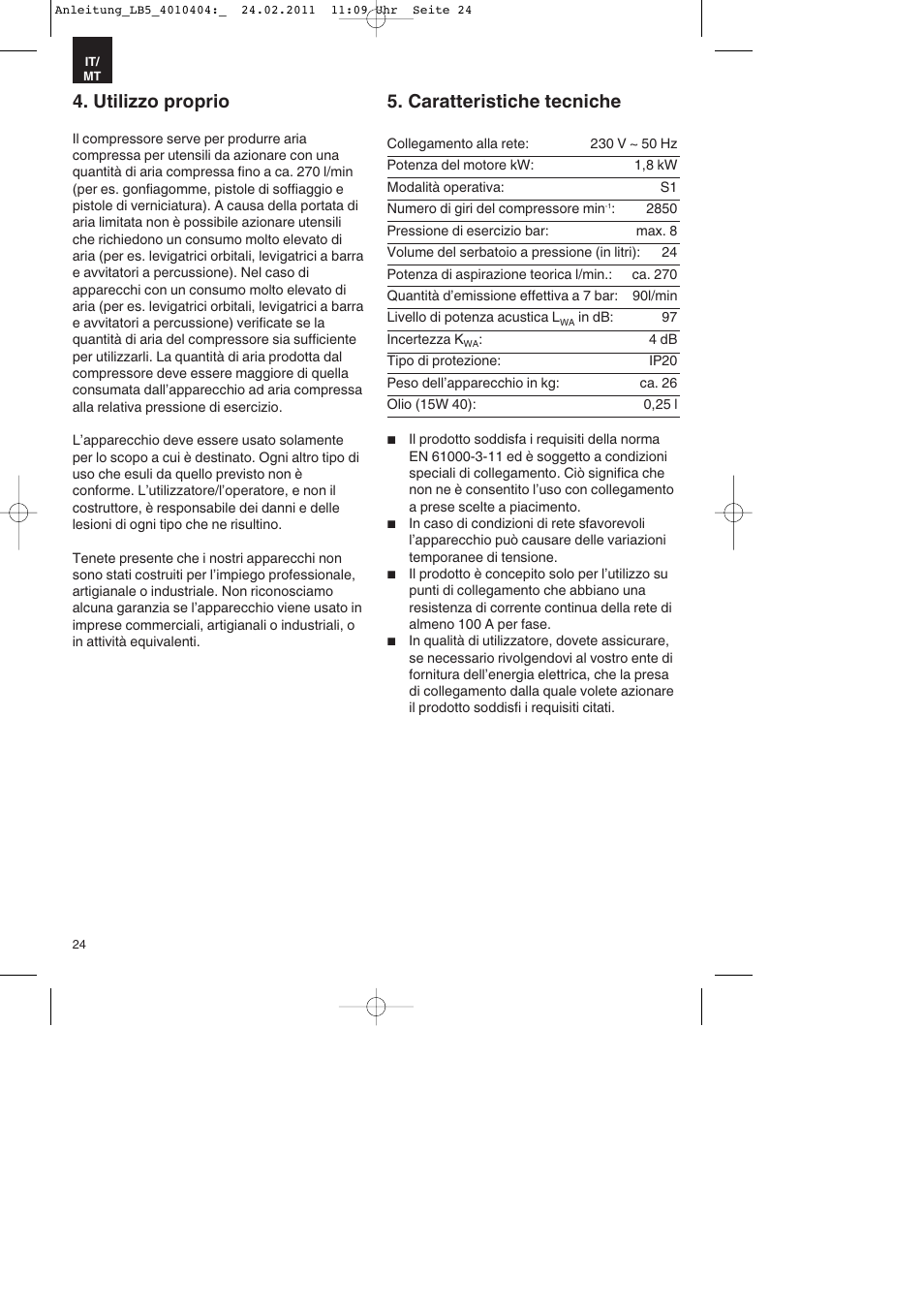 Utilizzo proprio, Caratteristiche tecniche | Parkside PKO 270 B2 User Manual | Page 24 / 72