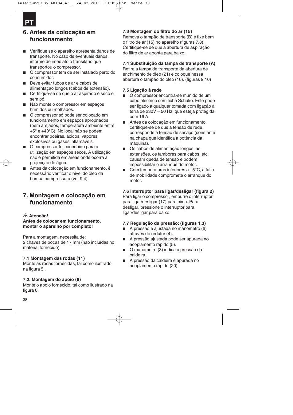 Antes da colocação em funcionamento, Montagem e colocação em funcionamento | Parkside PKO 270 B2 User Manual | Page 38 / 72