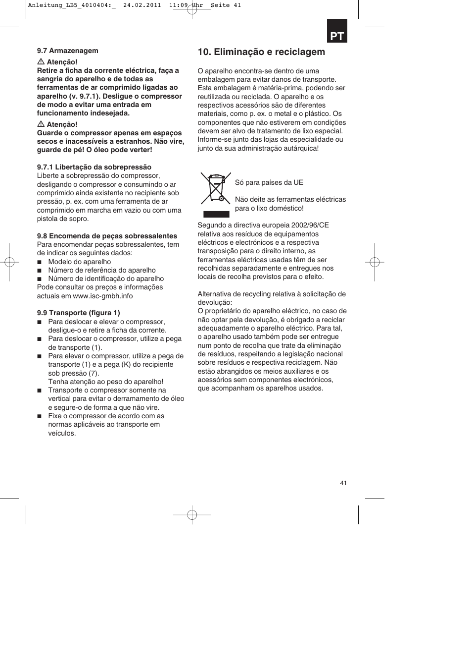 Eliminação e reciclagem | Parkside PKO 270 B2 User Manual | Page 41 / 72