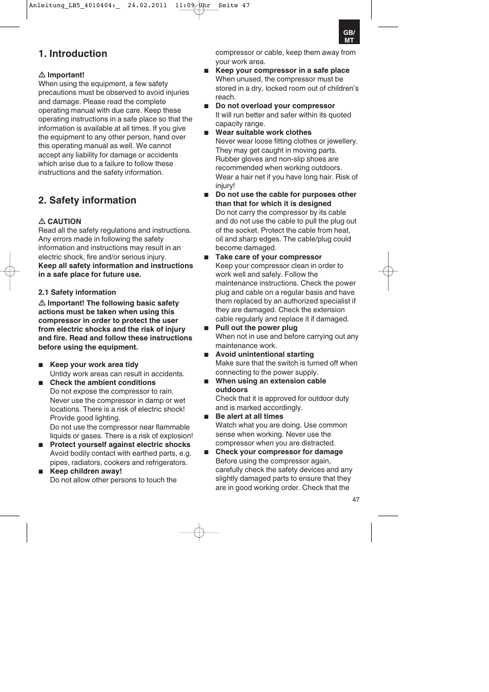 Introduction, Safety information | Parkside PKO 270 B2 User Manual | Page 47 / 72