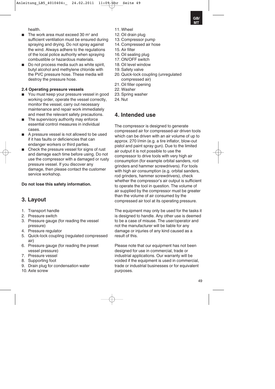 Layout, Intended use | Parkside PKO 270 B2 User Manual | Page 49 / 72