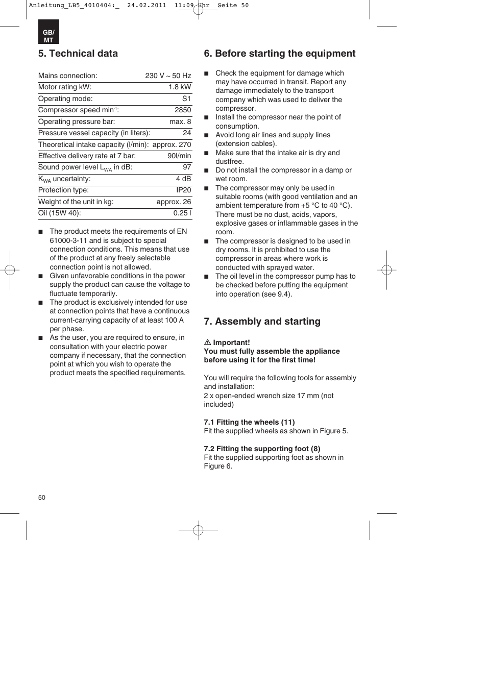 Technical data, Before starting the equipment, Assembly and starting | Parkside PKO 270 B2 User Manual | Page 50 / 72