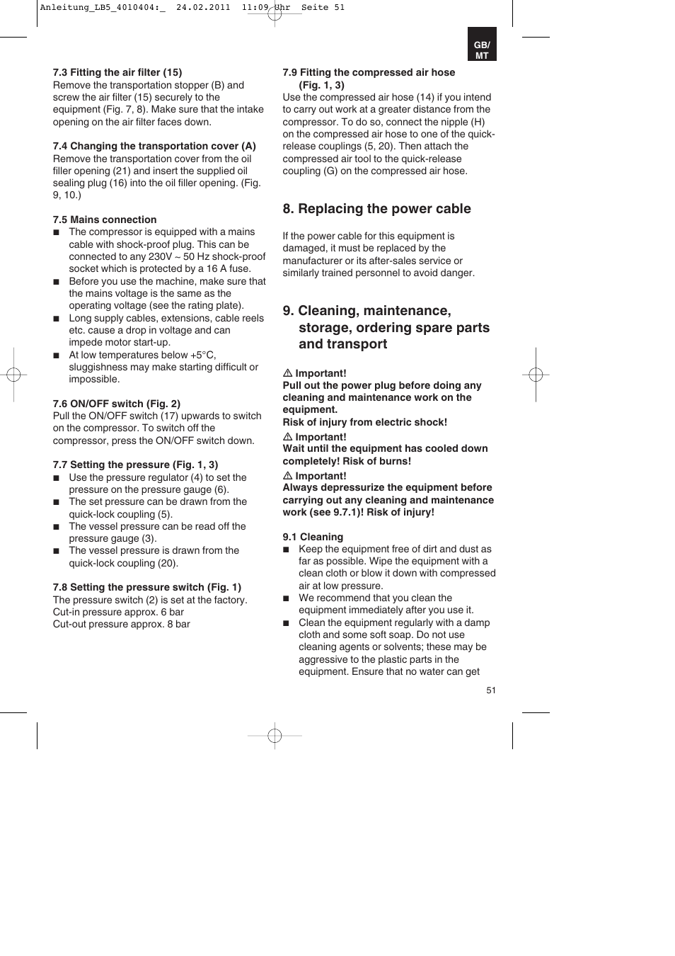 Replacing the power cable | Parkside PKO 270 B2 User Manual | Page 51 / 72